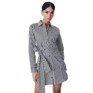 Alice + Olivia Striped Wrap Shirt Dress Black White Tie Waist Size L